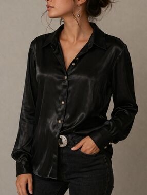 VTG BANJO 1990s Metallic Black Satin Western Cowboy Core Button Down Shirt